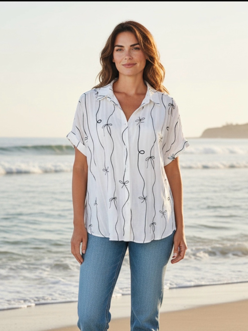 Jane + Delancey 2X White Black Bow Print Rayon Button Front Hi-Low Blouse